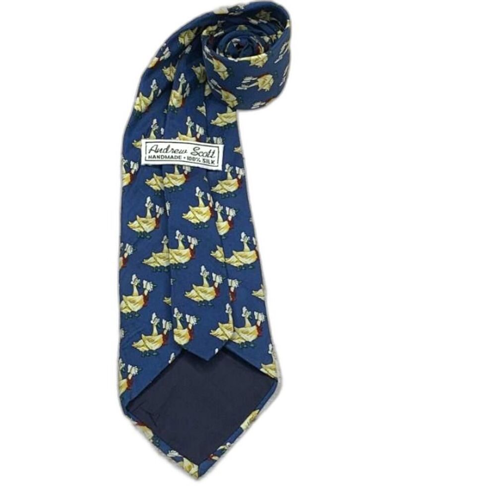 Andrew Scott Handmade Silk Necktie Blue Duck Goose Bird Pattern Vintage Tie blue - Picture 4 of 5